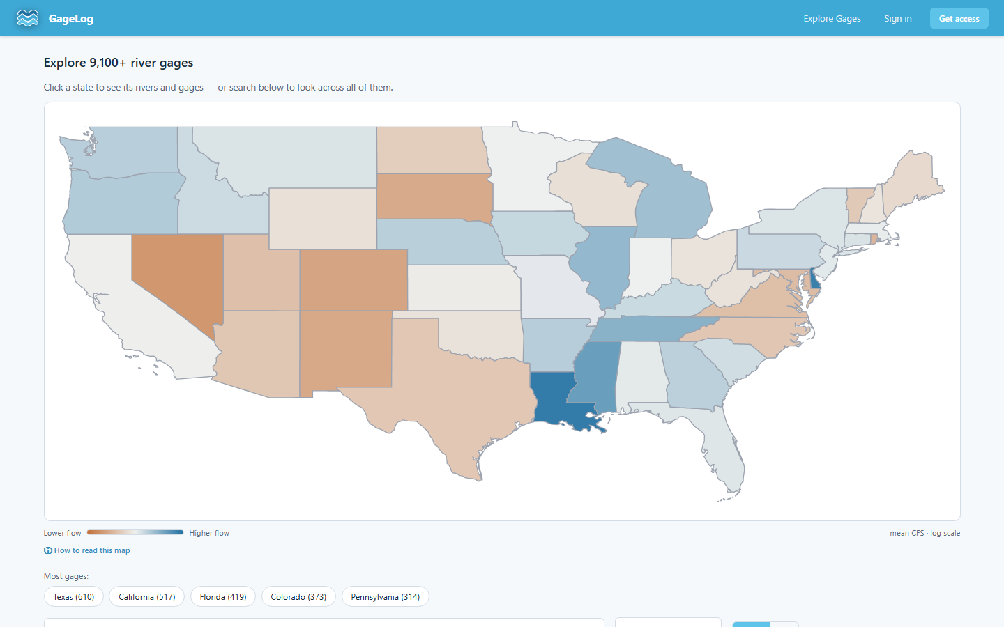 Explore page with the US state map colored by current flow conditions